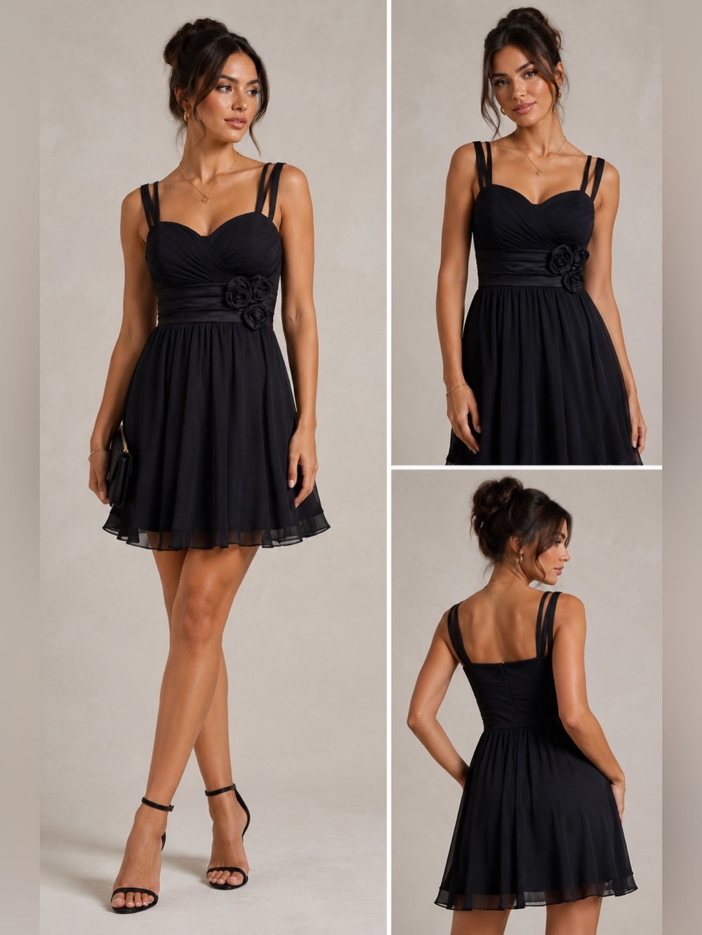 Trixxi Black Chiffon Mini Dress XS Sweetheart Rosette Waist Fit Flare Cocktail *